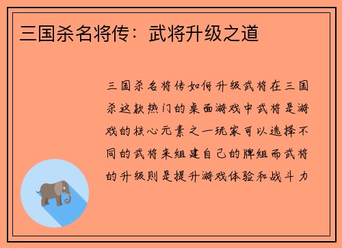 三国杀名将传：武将升级之道